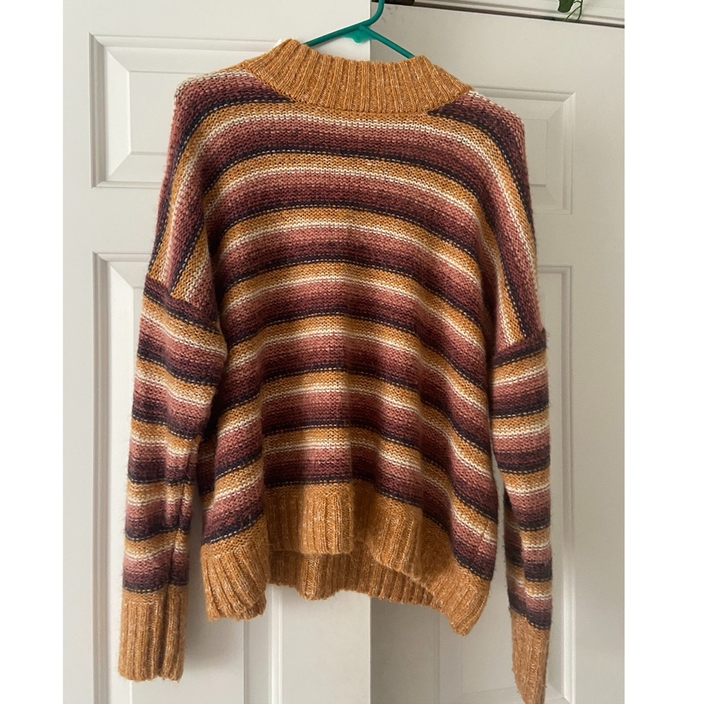 Pink Republic Juniors Mock Neck Drop Shoulder Gold Striped Sweater
